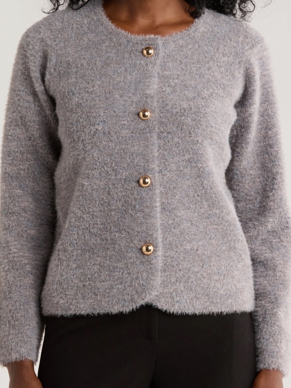 Tahari Heather Gray Fuzzy Button-Front Cardigan with Gold Buttons